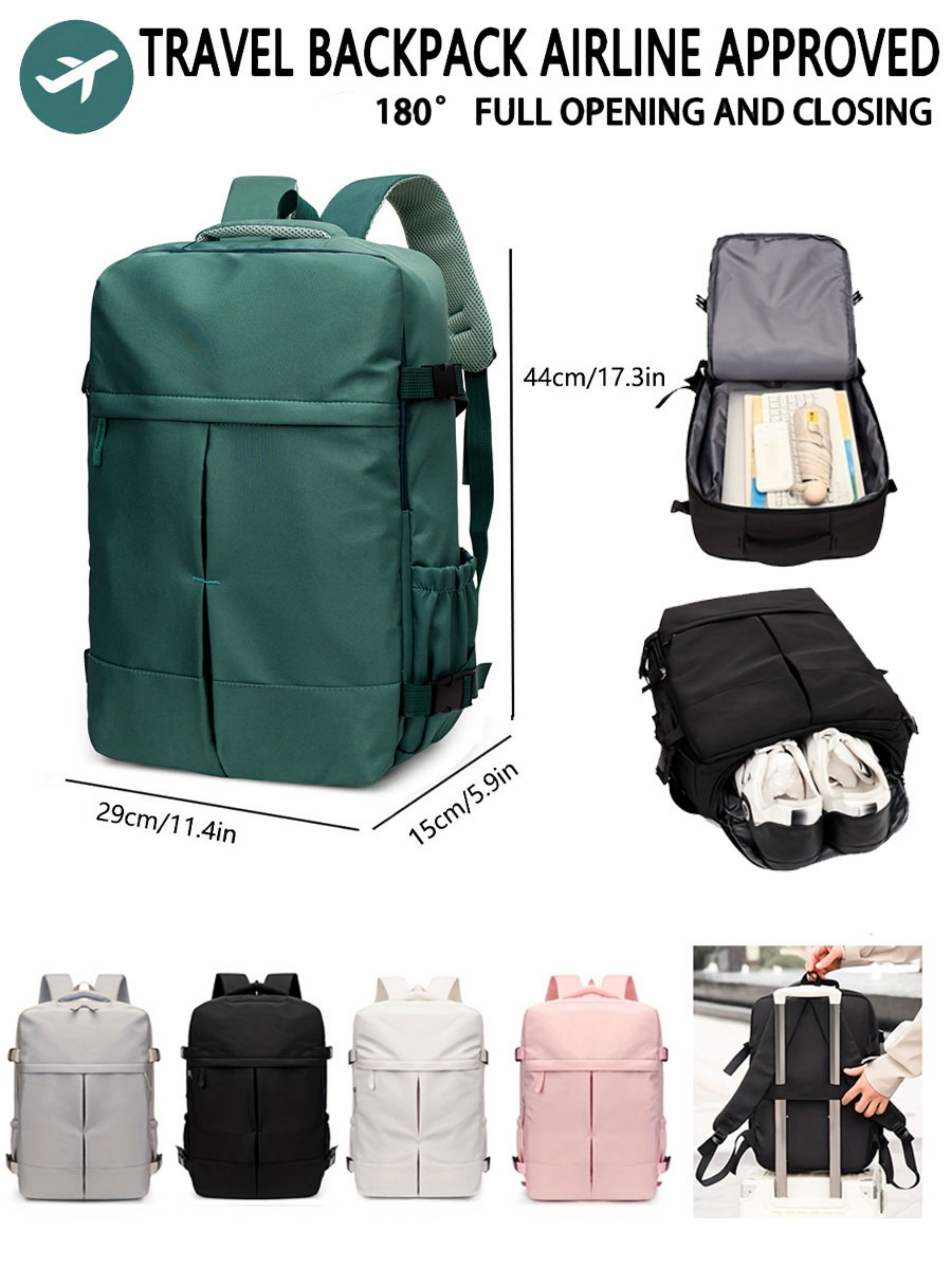 Green Travel Backpack with Shoe Compartment