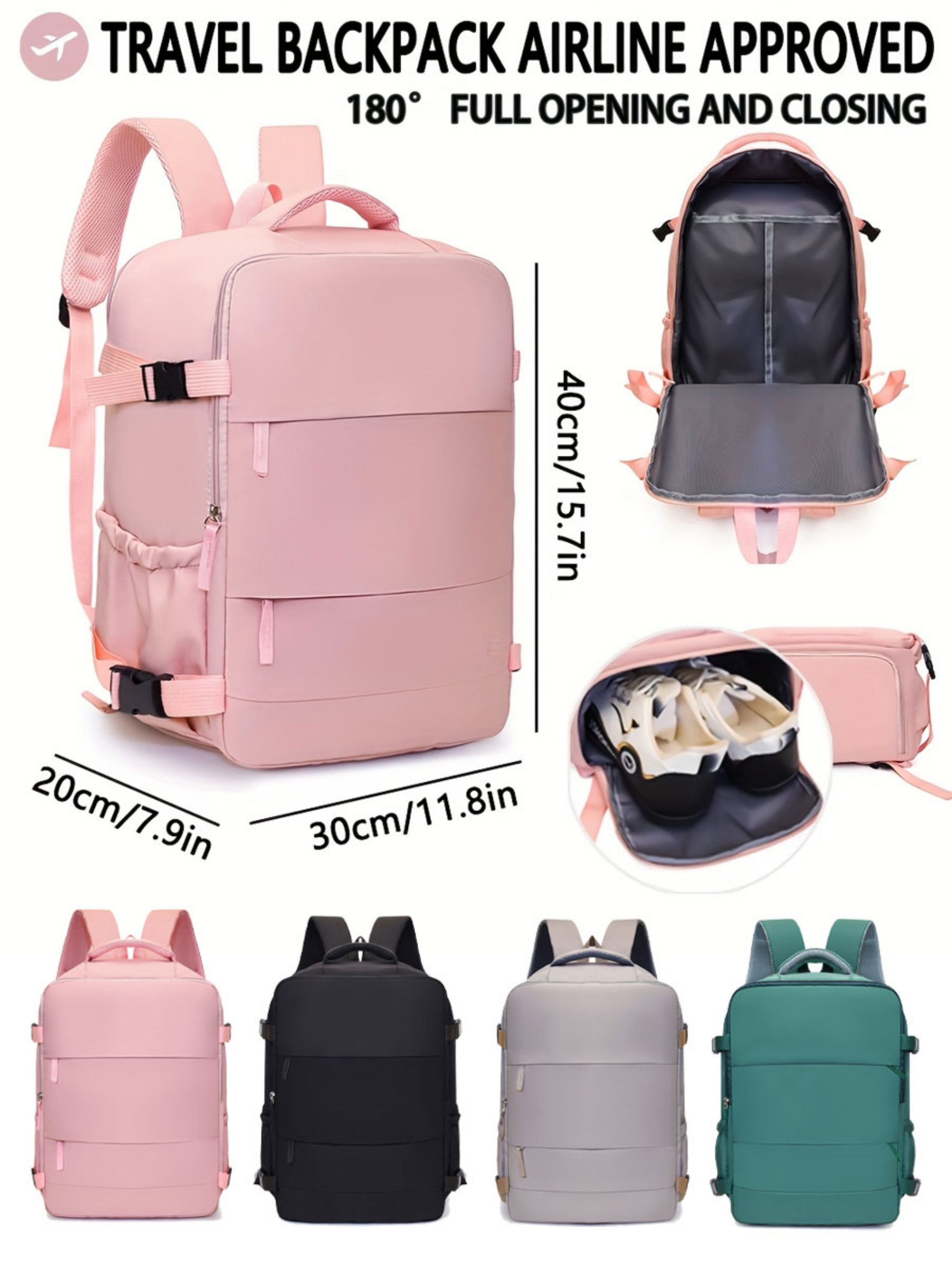 Pink Travel Backpack with Shoe Compartment