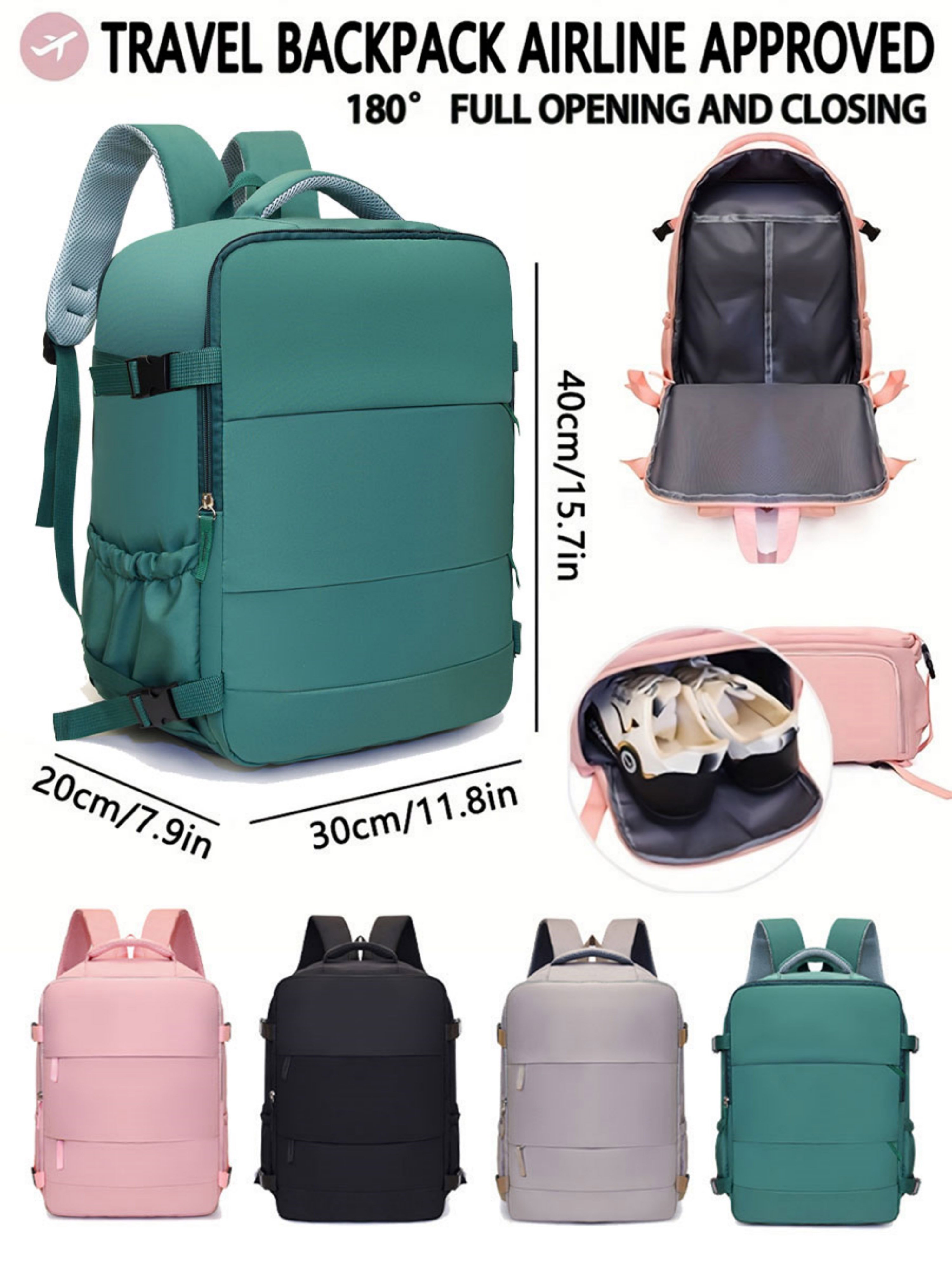 Green Travel Backpack with Shoe Compartment