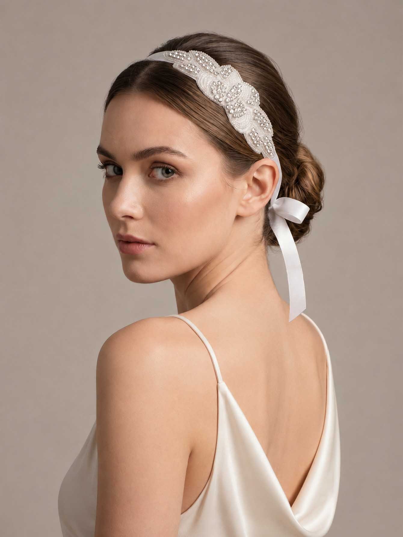Beaded Bridal Hair Tie with Ribbon Detail