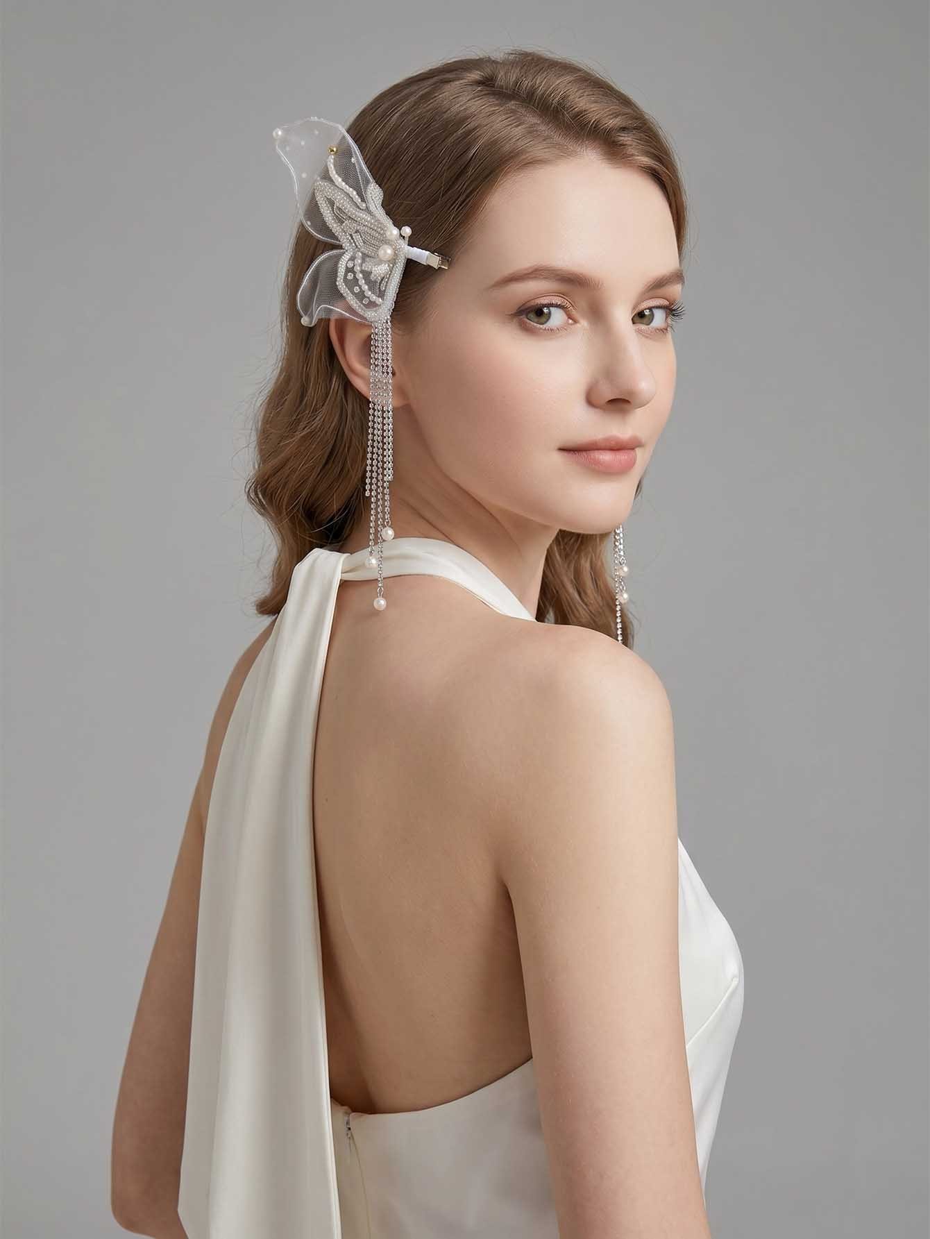 2-Piece Solid Mesh Pearl Zirconia Bridal Hair Clip Set