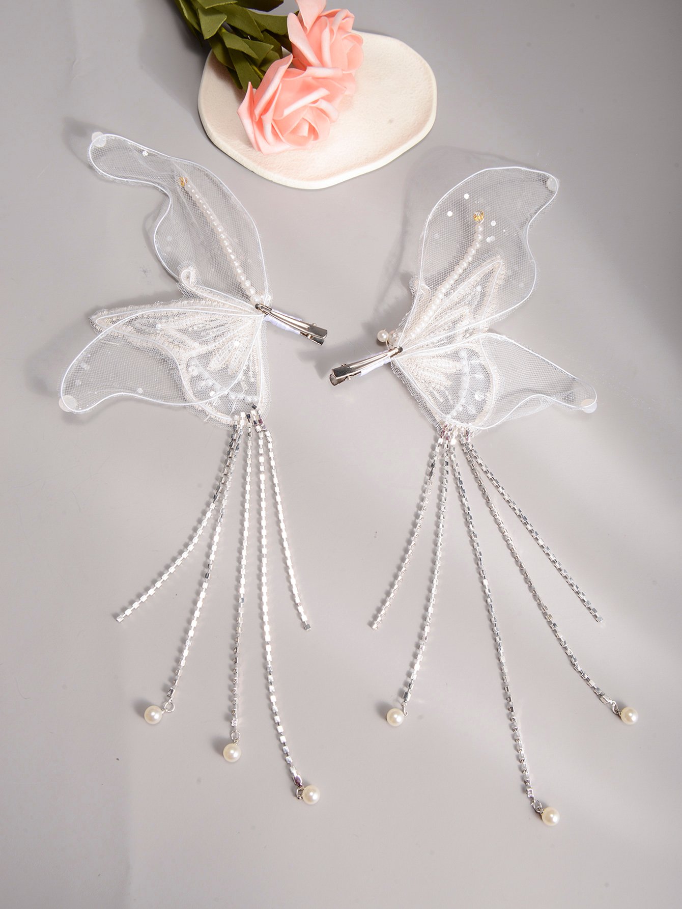 2-Piece Solid Mesh Pearl Zirconia Bridal Hair Clip Set