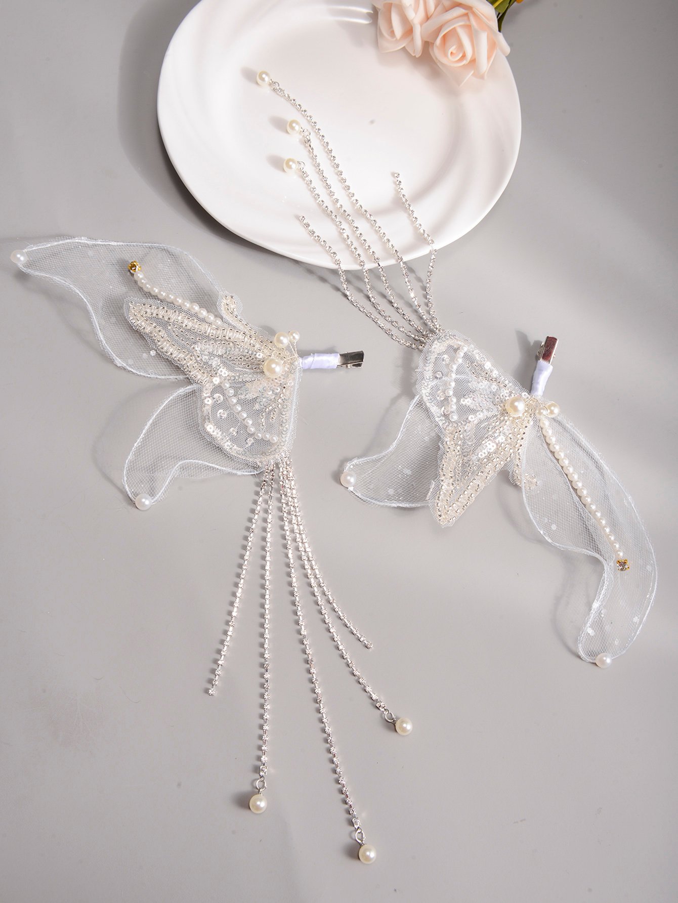 2-Piece Solid Mesh Pearl Zirconia Bridal Hair Clip Set