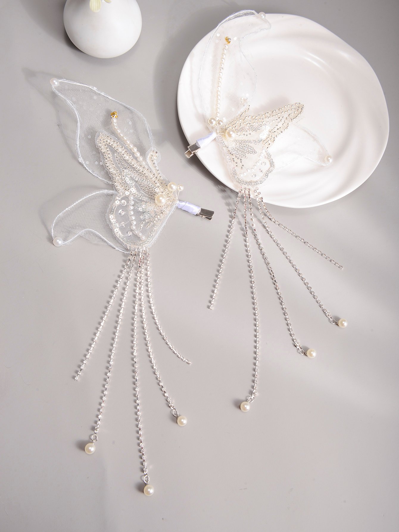 2-Piece Solid Mesh Pearl Zirconia Bridal Hair Clip Set