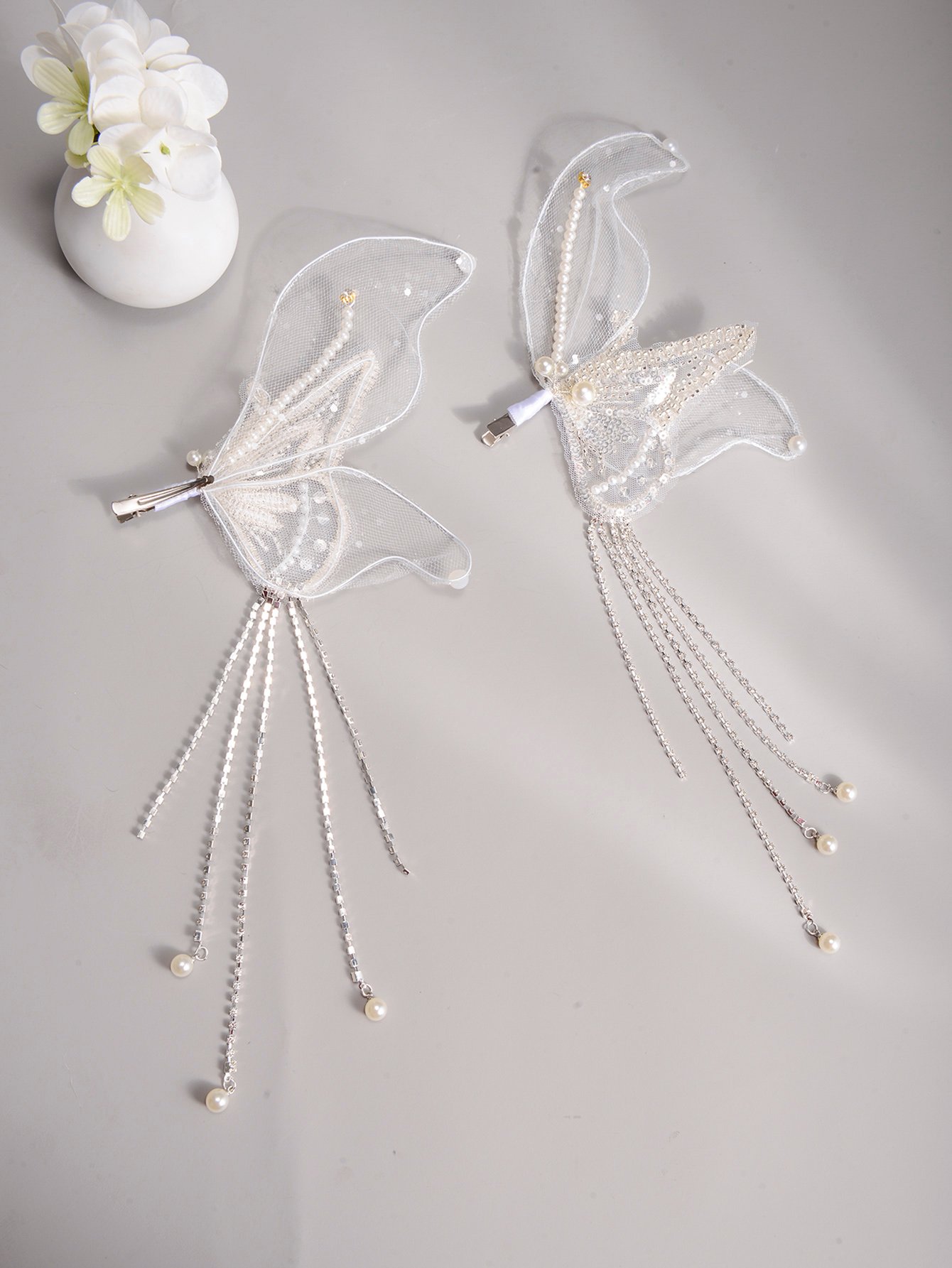 2-Piece Solid Mesh Pearl Zirconia Bridal Hair Clip Set