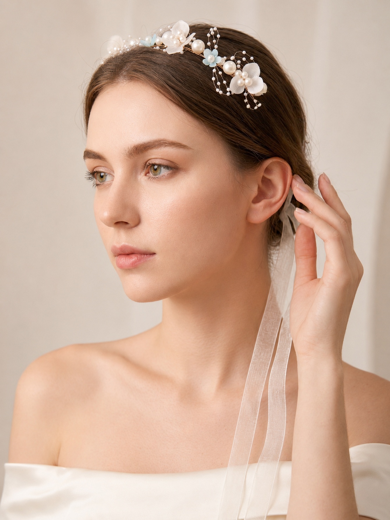 Floral and Pearl Bridal Hair Tie