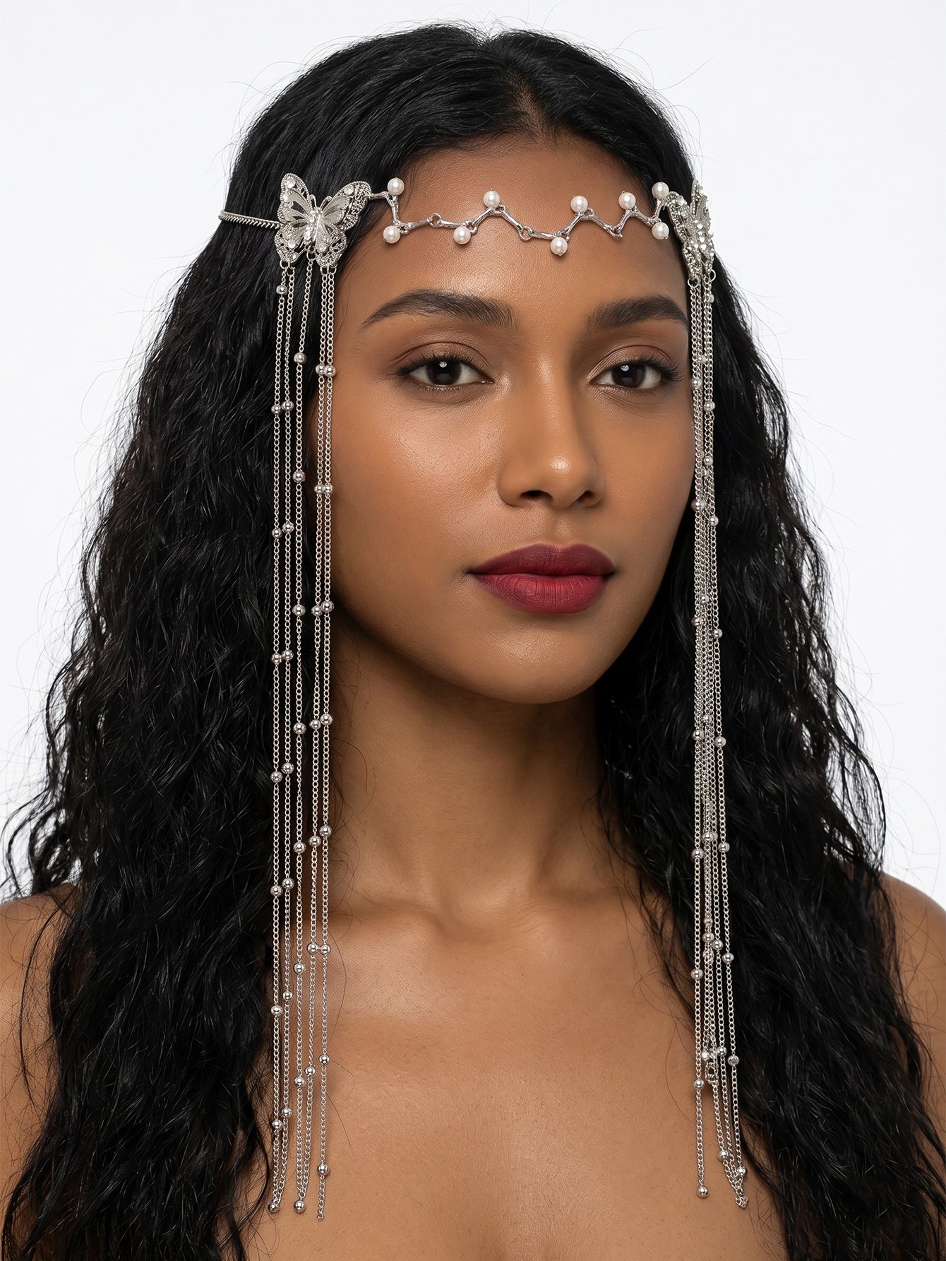 Silver Butterfly and Pearl Head Chain Hair Tie