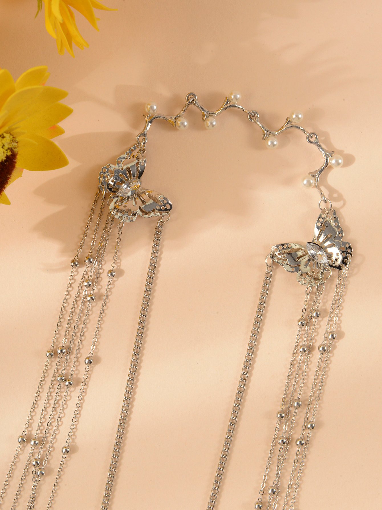 Silver Butterfly and Pearl Head Chain Hair Tie
