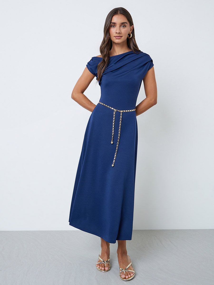Blue Asymmetric Neck A-Line Midi Dress
