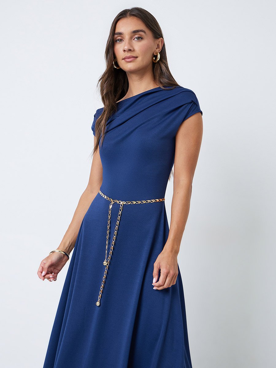 Blue Asymmetric Neck A-Line Midi Dress