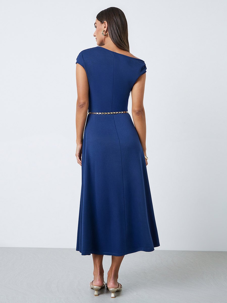 Blue Asymmetric Neck A-Line Midi Dress