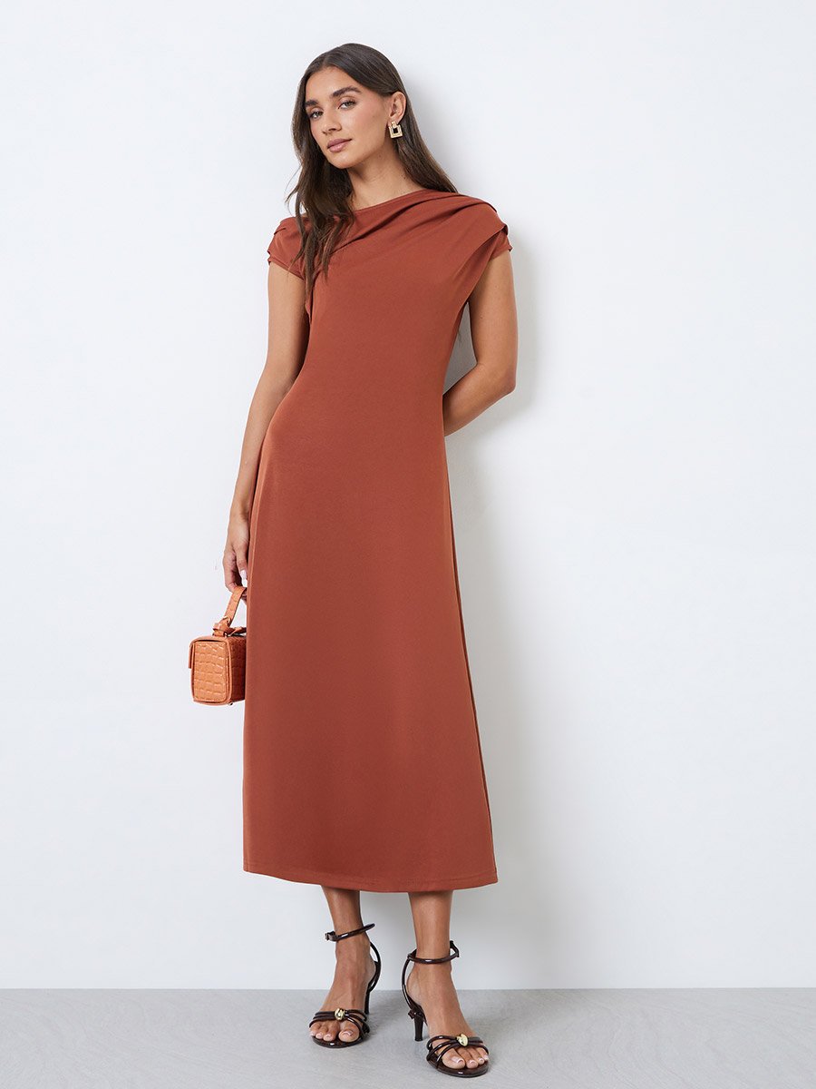 Rust Asymmetric Neck A-Line Midi Dress
