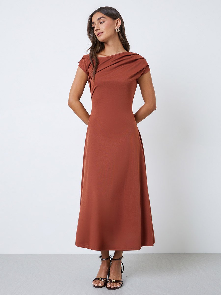 Rust Asymmetric Neck A-Line Midi Dress
