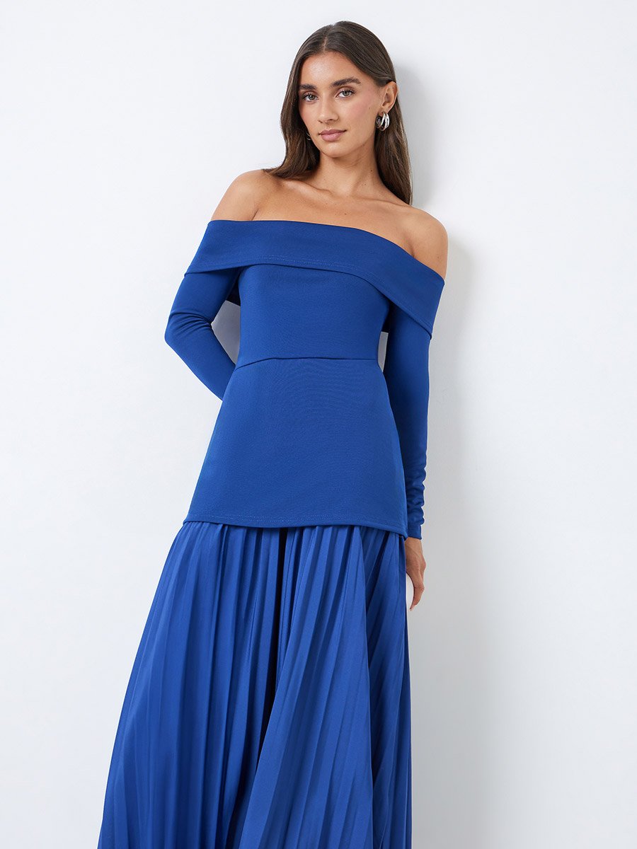 Blue Off-Shoulder Pleated A-Line Maxi Dress