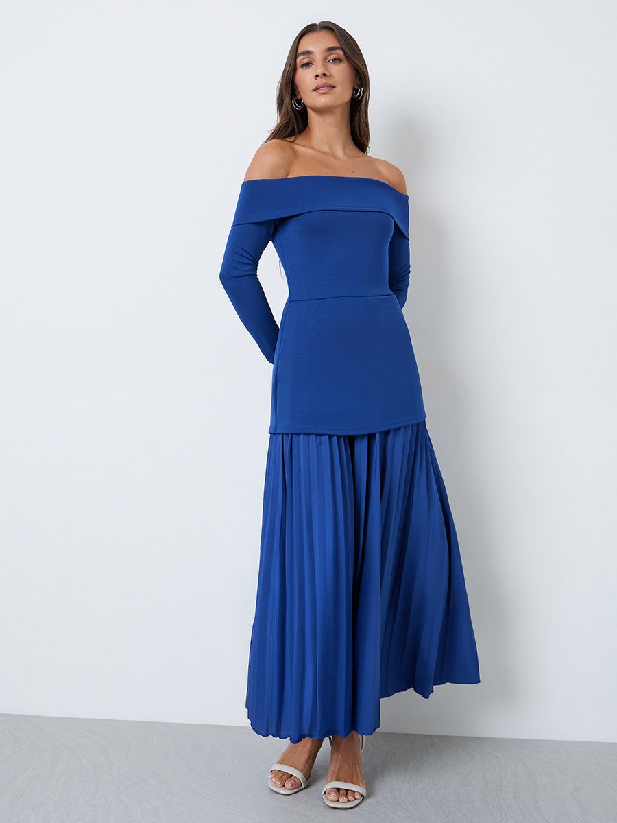 Blue Off-Shoulder Pleated A-Line Maxi Dress