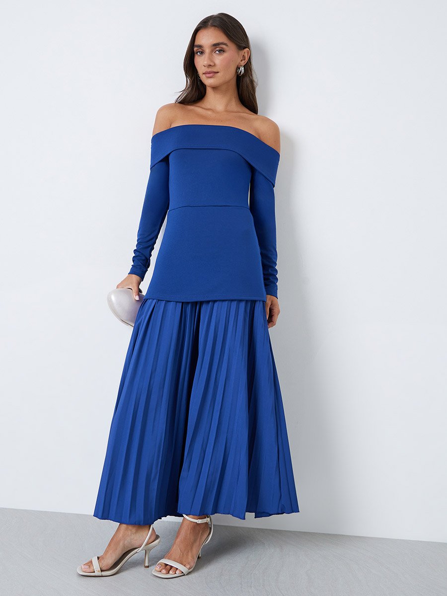 Blue Off-Shoulder Pleated A-Line Maxi Dress