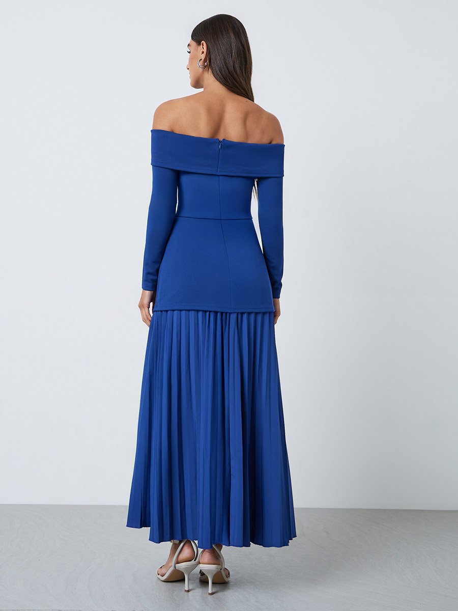 Blue Off-Shoulder Pleated A-Line Maxi Dress