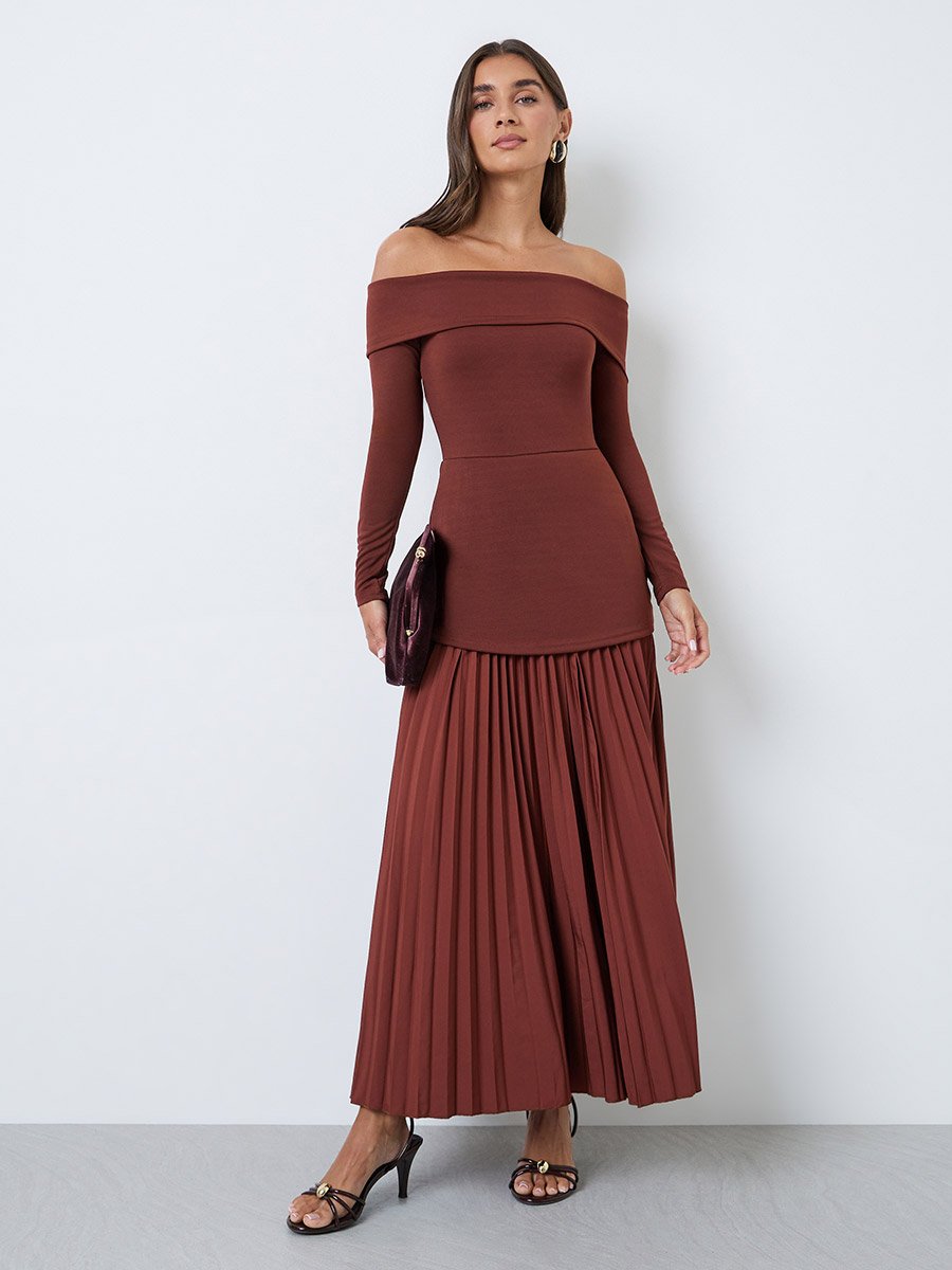Brown Off-Shoulder Pleated A-Line Maxi Dress
