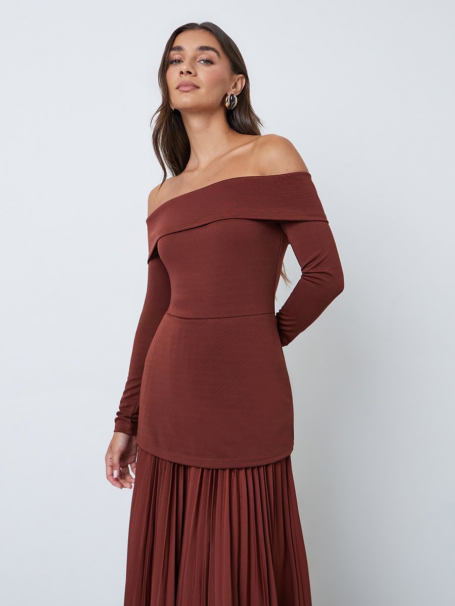 Brown Off-Shoulder Pleated A-Line Maxi Dress