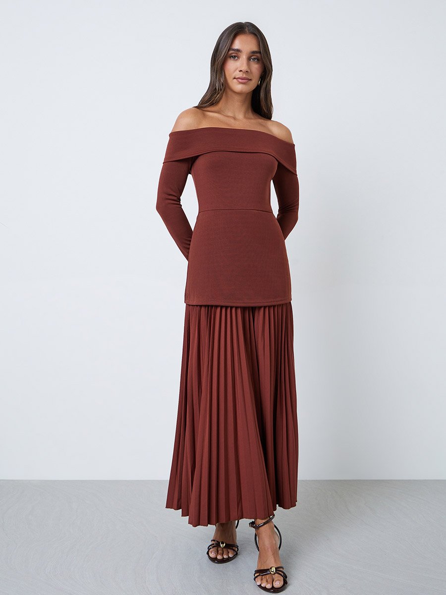 Brown Off-Shoulder Pleated A-Line Maxi Dress