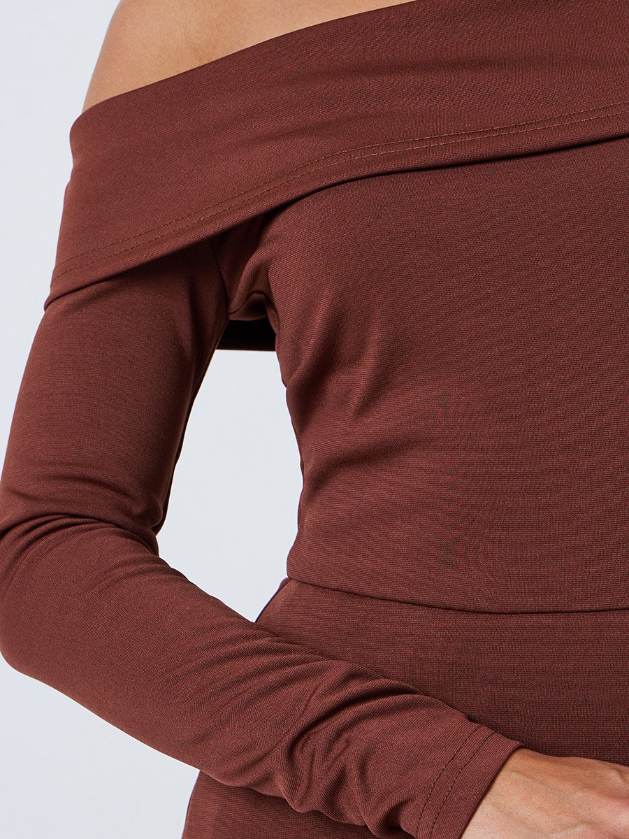 Brown Off-Shoulder Pleated A-Line Maxi Dress