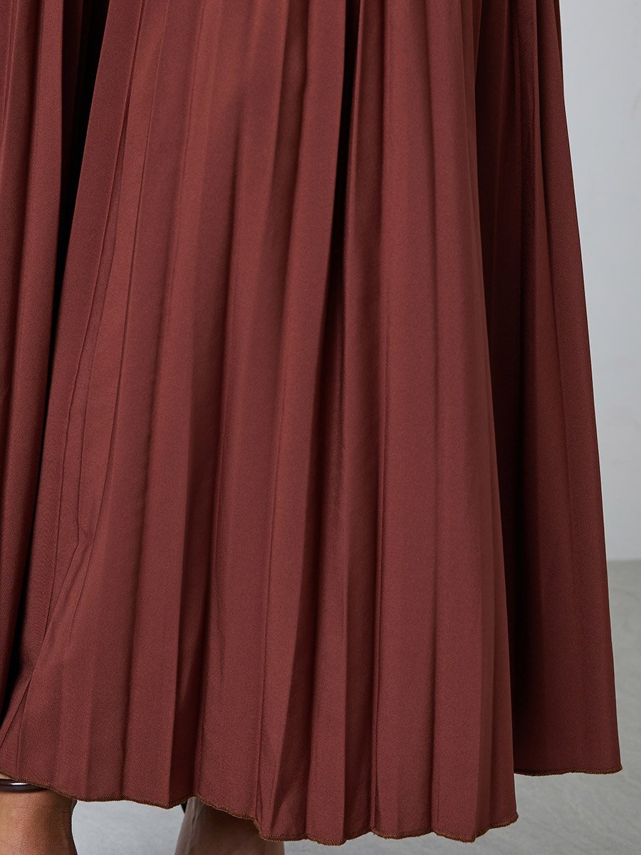 Brown Off-Shoulder Pleated A-Line Maxi Dress