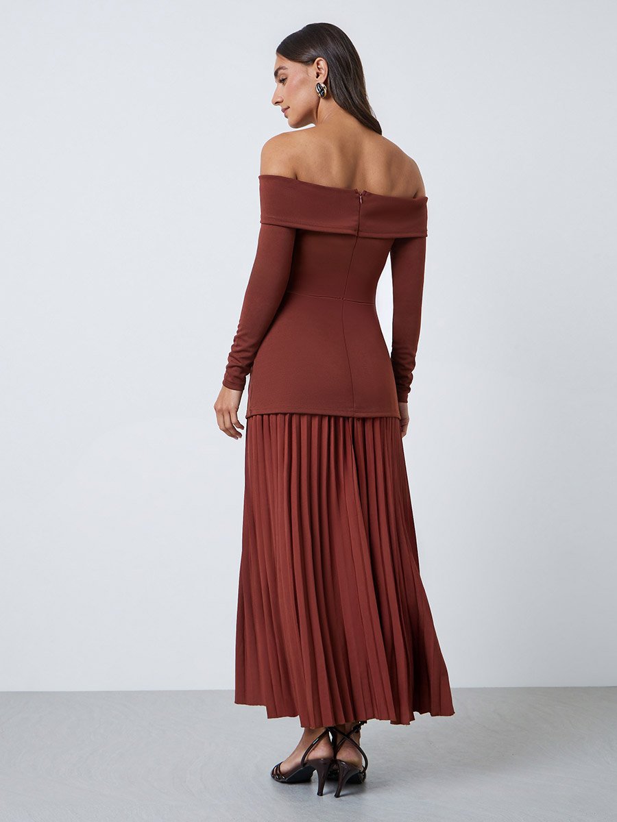 Brown Off-Shoulder Pleated A-Line Maxi Dress