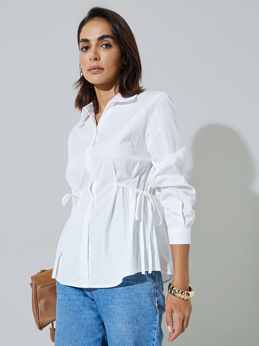 Off White Long Sleeve Tie-Waist Shirt