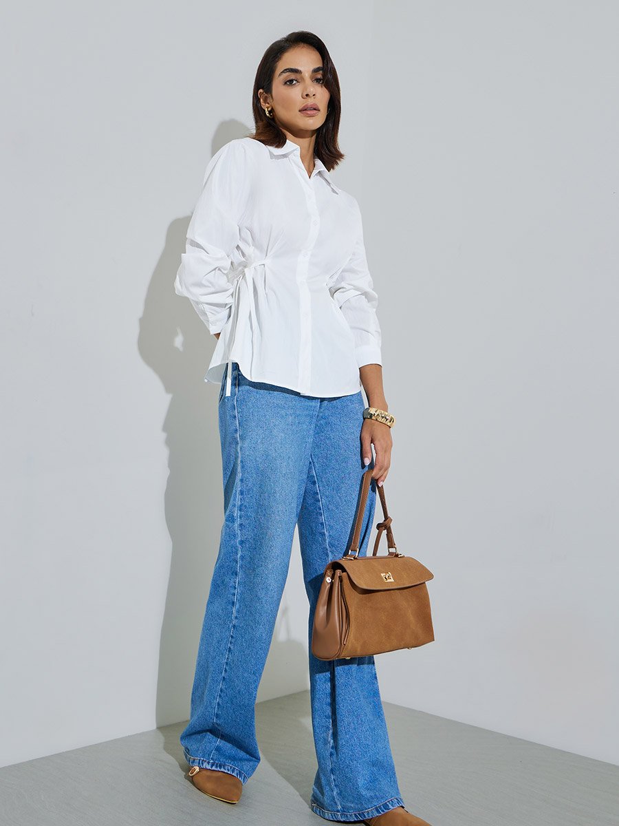 Off White Long Sleeve Tie-Waist Shirt
