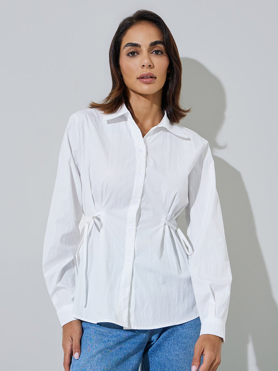 Off White Long Sleeve Tie-Waist Shirt