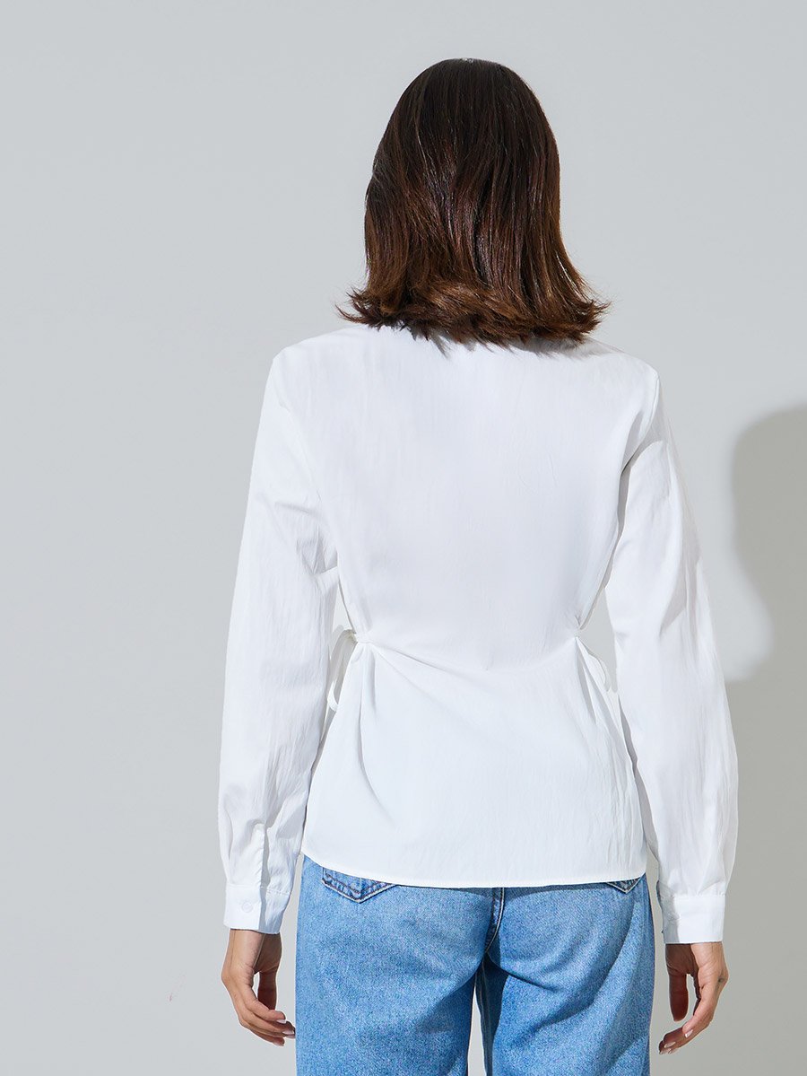 Off White Long Sleeve Tie-Waist Shirt