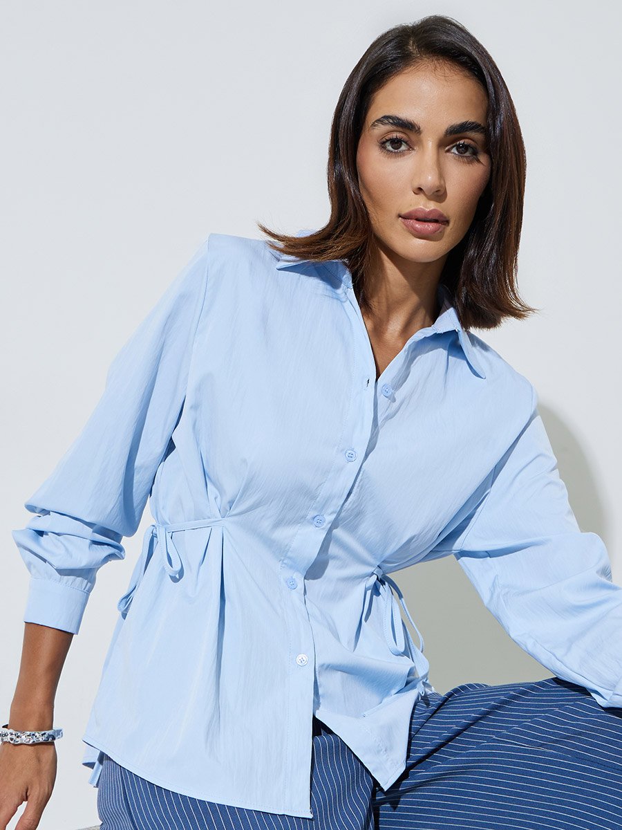 Light Blue Long Sleeve Tie-Waist Shirt