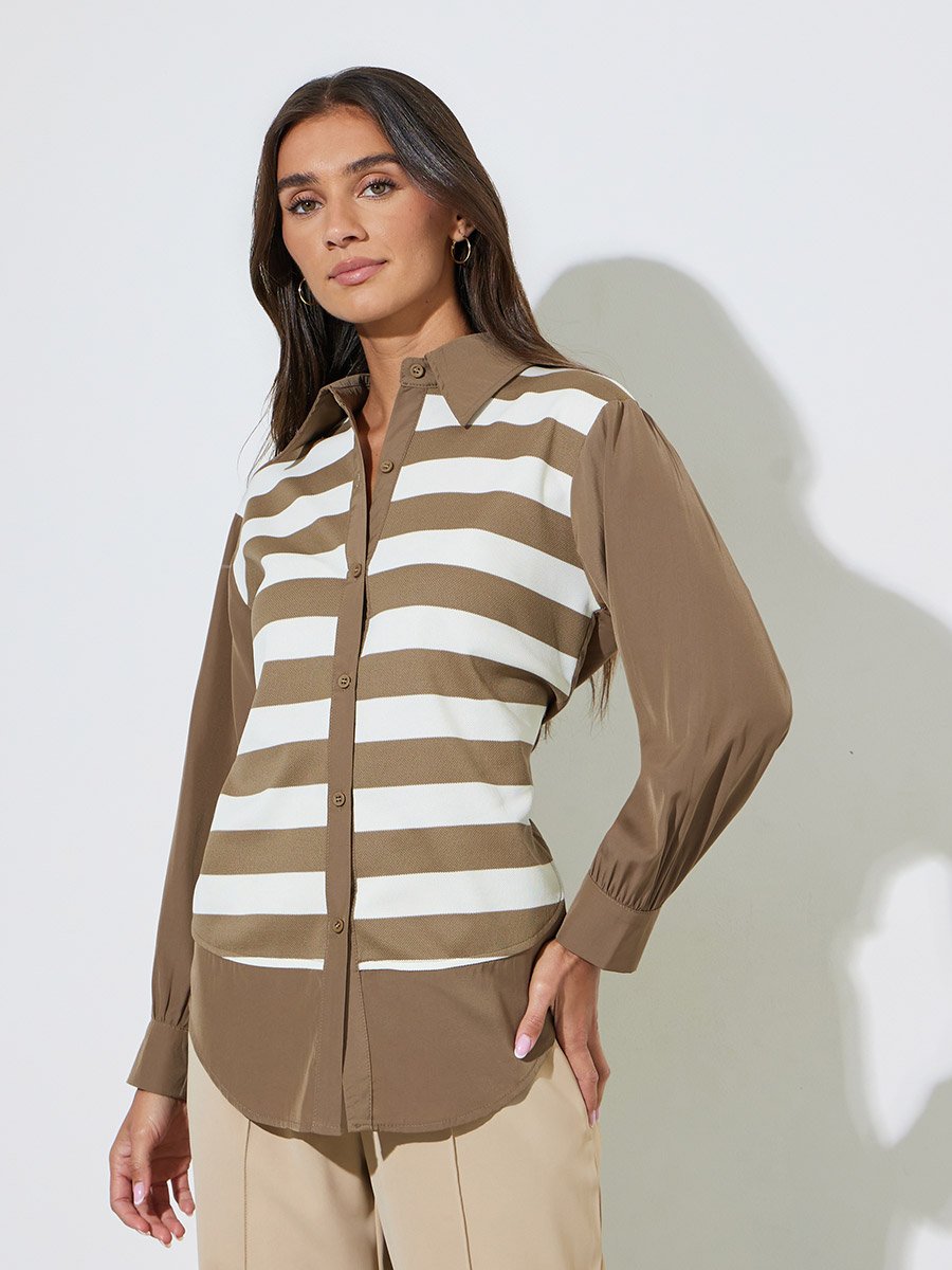 Brown Striped Long Sleeves Oversized Shirt