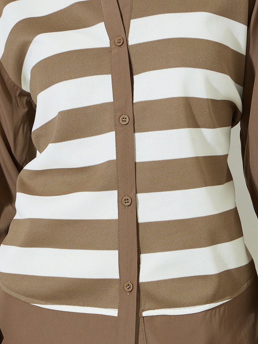 Brown Striped Long Sleeves Oversized Shirt
