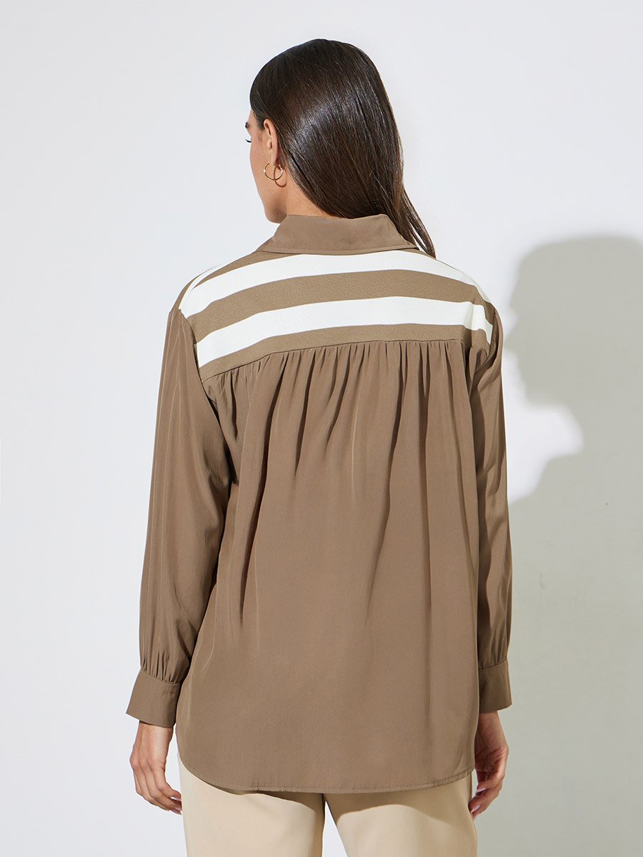 Brown Striped Long Sleeves Oversized Shirt