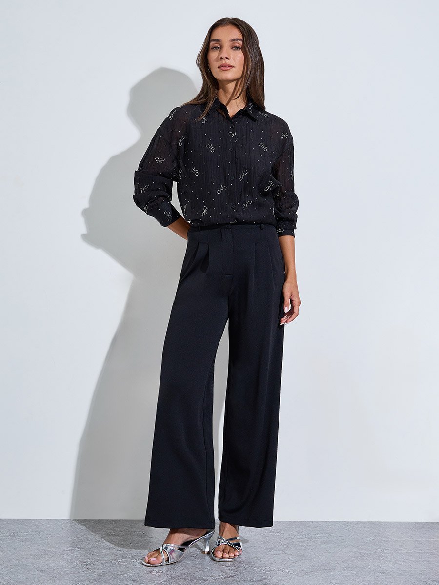 Black Bow Embellished Long Sleeves Oversized Shirt