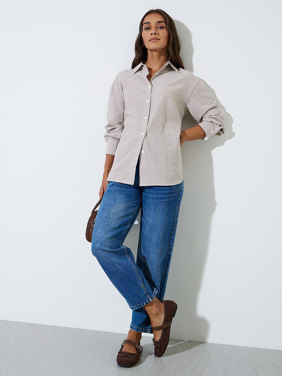 Brown Striped Long Sleeves Oversized Shirt