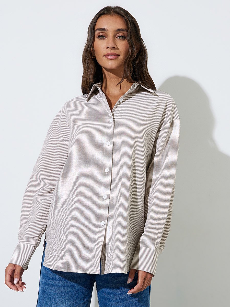 Brown Striped Long Sleeves Oversized Shirt