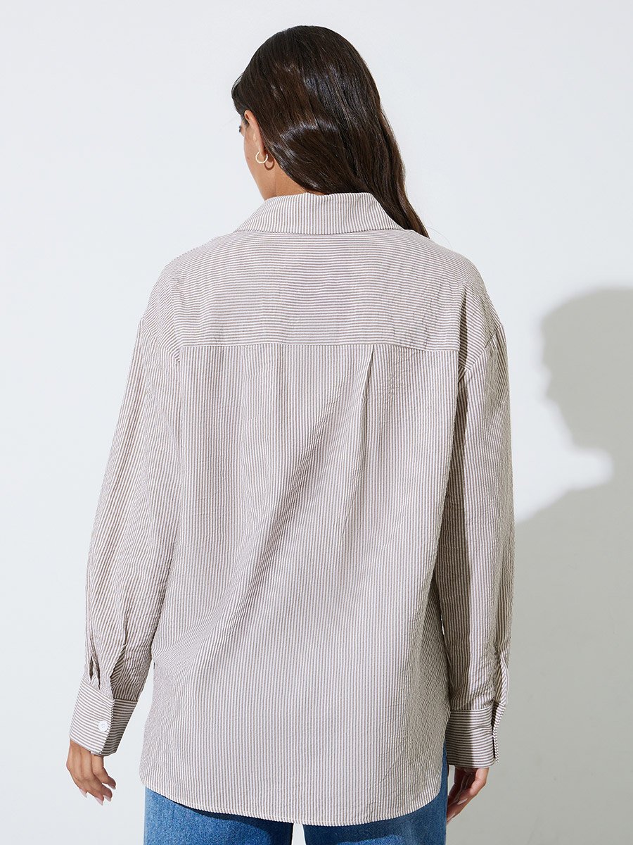 Brown Striped Long Sleeves Oversized Shirt