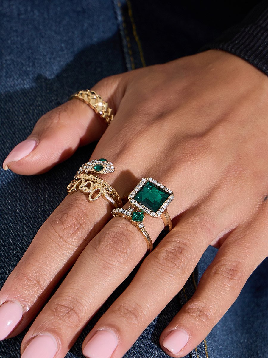 Pack of 5 - Gold Tone with Green Gemstones Embellished Rings