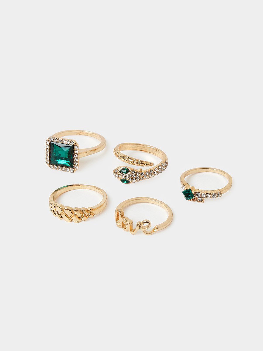 Pack of 5 - Gold Tone with Green Gemstones Embellished Rings