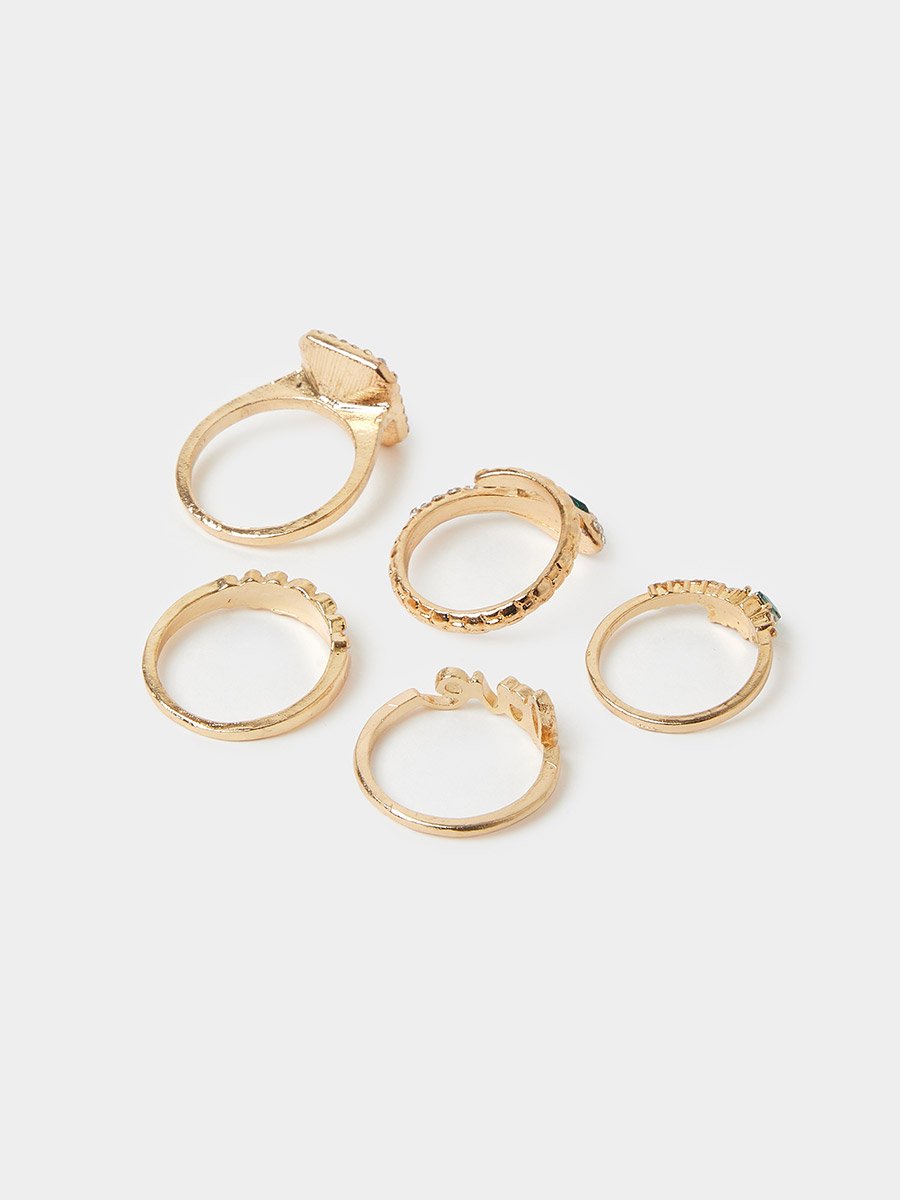 Pack of 5 - Gold Tone with Green Gemstones Embellished Rings
