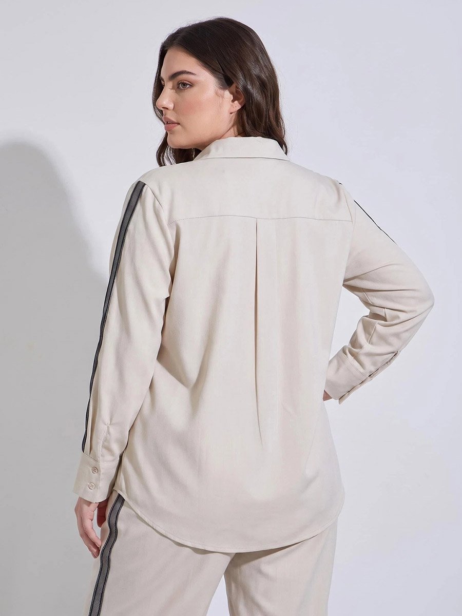 Plus Size Off White Long Sleeves Relaxed Fit Shirt with Side Stripe