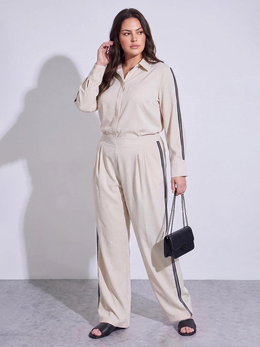 Plus Size Off White Wide Leg Trousers with Side Stripe Detail