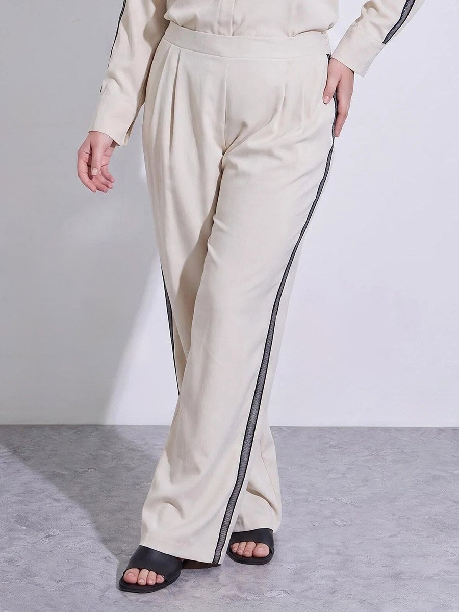 Plus Size Off White Wide Leg Trousers with Side Stripe Detail