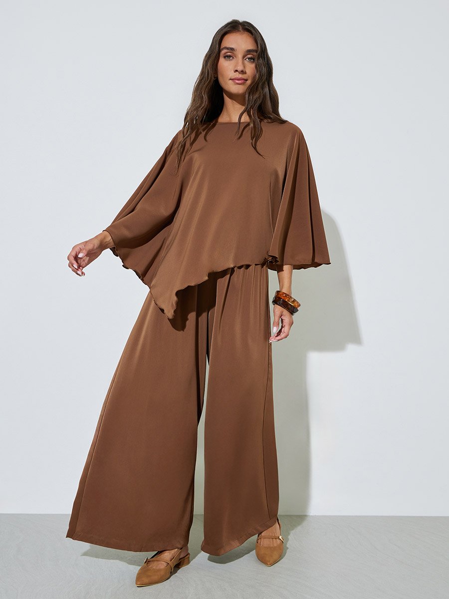 Brown Solid Flared Sleeve Asymmetrical Hem Top and Wide Leg Pants Co-Ords