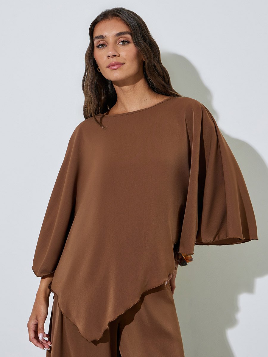 Brown Solid Flared Sleeve Asymmetrical Hem Top and Wide Leg Pants Co-Ords