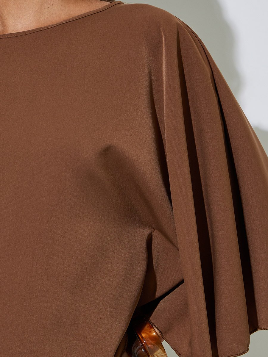 Brown Solid Flared Sleeve Asymmetrical Hem Top and Wide Leg Pants Co-Ords