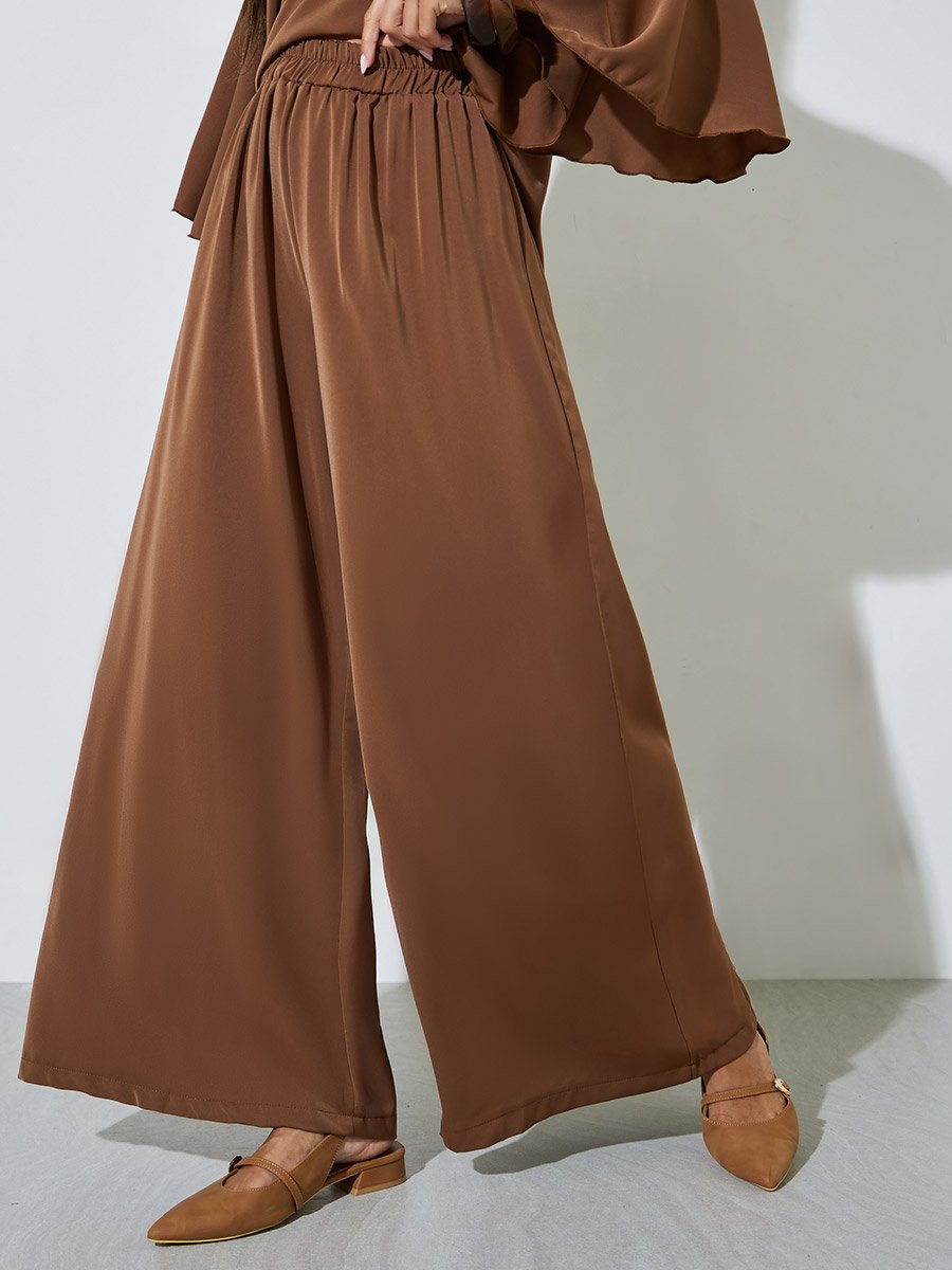 Brown Solid Flared Sleeve Asymmetrical Hem Top and Wide Leg Pants Co-Ords