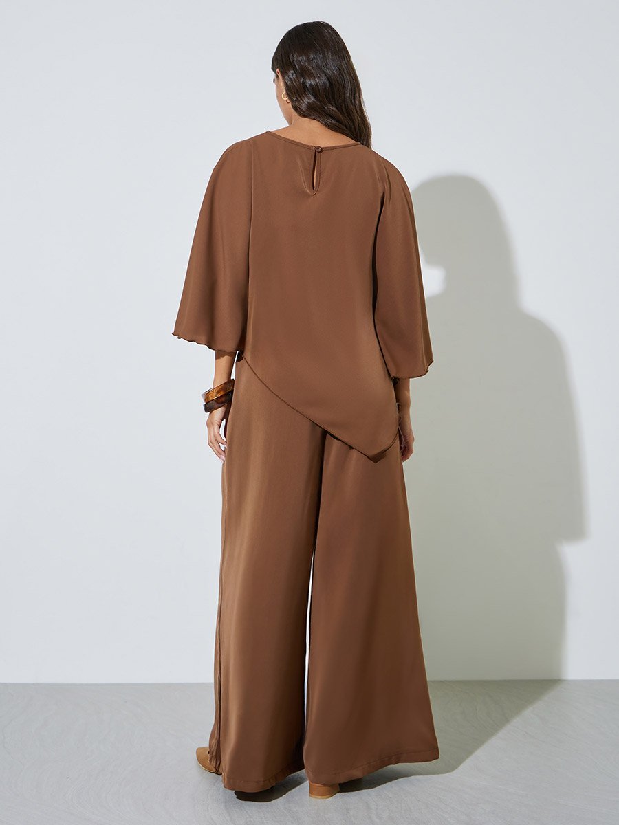 Brown Solid Flared Sleeve Asymmetrical Hem Top and Wide Leg Pants Co-Ords